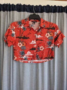 Forever 21 Crop Top Womens S Hawaiian Print Red Tropical Vacation Beach Travel